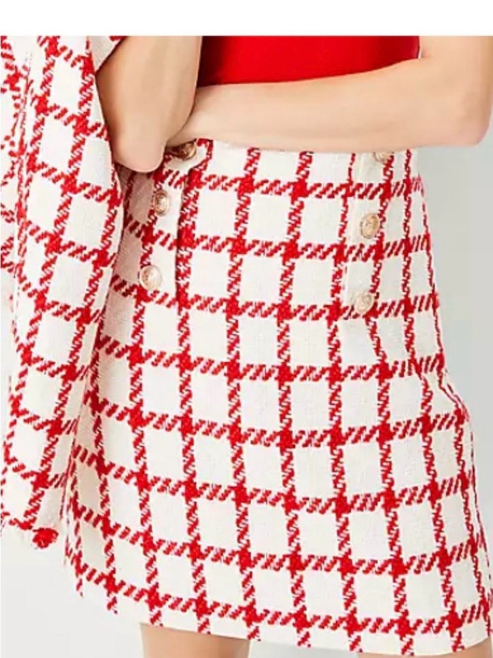 NWT Ann Taylor Red and White Plaid Tweed Mini Skirt - Picture 2 of 8